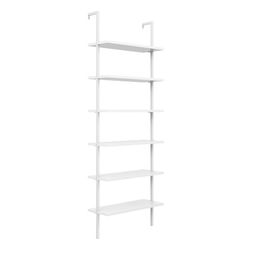 6-Shelf Tall Modern Bookshelf, Wall Mount Ladder Shelf Bookcase with White Wood and Industrial Metal Frame, Matte White/White, Set of 4