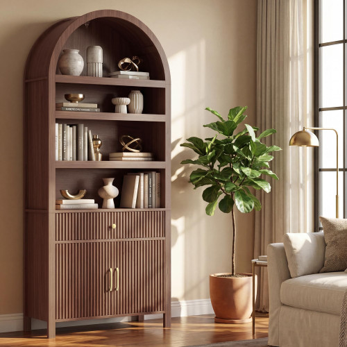 Book Shelf 70" Tall Bookcase with Drawer,7-Tier Arched Cabinet with Storage and Fluted Door,Mid-Century Modern Modular Arch Bookshelf for Office Living Room Bedroom Library (Walnut, 1)