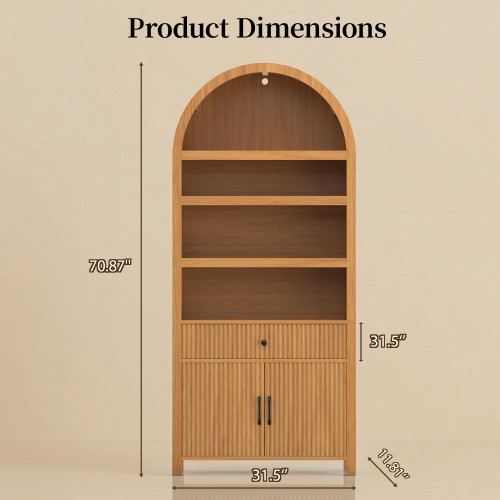 Book Shelf 70" Tall Bookcase with Drawer, 7-Tier Arched Cabinet with Storage and Fluted Door, Mid-Century Modern Modular Arch Bookshelf for Office Living Room Bedroom Library (Oak, 1)
