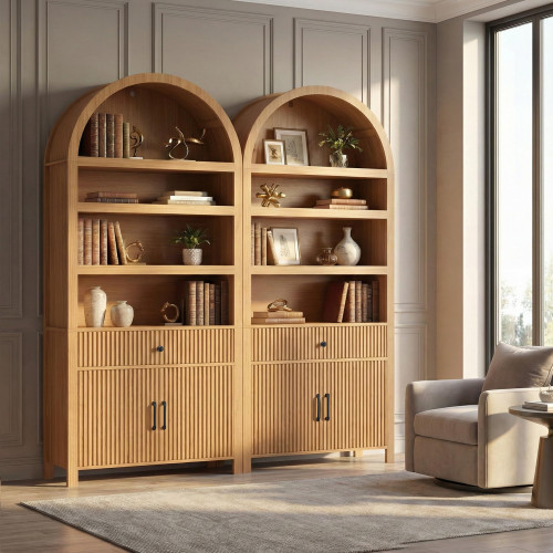 Book Shelf 70" Tall Bookcase with Drawer, 7-Tier Arched Cabinet with Storage and Fluted Door, Mid-Century Modern Modular Arch Bookshelf for Office Living Room Bedroom Library (Oak, 1)