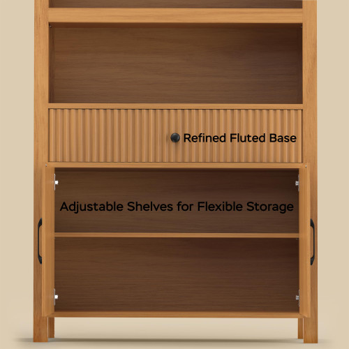 Book Shelf 70" Tall Bookcase with Drawer, 7-Tier Arched Cabinet with Storage and Fluted Door, Mid-Century Modern Modular Arch Bookshelf for Office Living Room Bedroom Library (Oak, 2)
