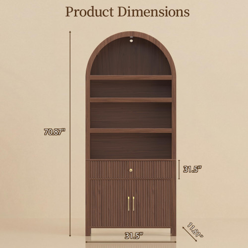 Book Shelf 70" Tall Bookcase with Drawer, 7-Tier Arched Cabinet with Storage and Fluted Door, Mid-Century Modern Modular Arch Bookshelf for Office Living Room Bedroom Library (Walnut, 2)