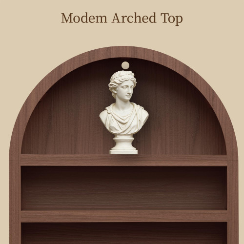 Book Shelf 70" Tall Bookcase with Drawer, 7-Tier Arched Cabinet with Storage and Fluted Door, Mid-Century Modern Modular Arch Bookshelf for Office Living Room Bedroom Library (Walnut, 2)