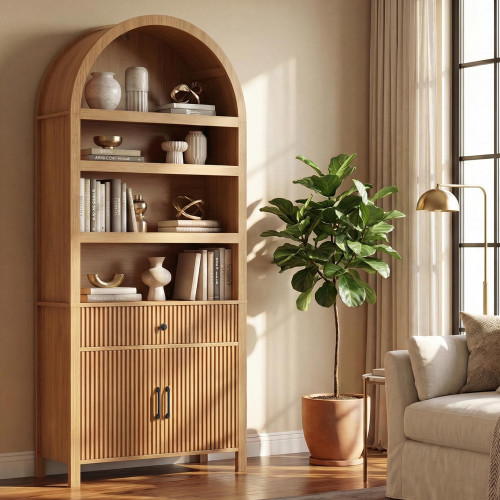 Book Shelf 70" Tall Bookcase with Drawer, 7-Tier Arched Cabinet with Storage and Fluted Door, Mid-Century Modern Modular Arch Bookshelf for Office Living Room Bedroom Library (Oak, 3)
