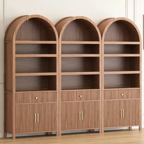 Book Shelf 70" Tall Bookcase with Drawer, 7-Tier Arched Cabinet with Storage and Fluted Door, Mid-Century Modern Modular Arch Bookshelf for Office Living Room Bedroom Library (Walnut, 3)