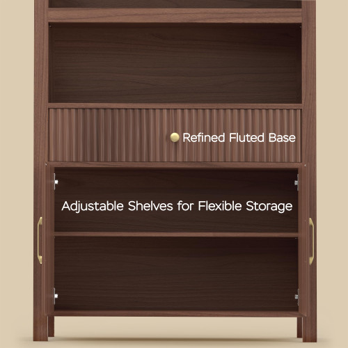 Book Shelf 70" Tall Bookcase with Drawer, 7-Tier Arched Cabinet with Storage and Fluted Door, Mid-Century Modern Modular Arch Bookshelf for Office Living Room Bedroom Library (Walnut, 3)