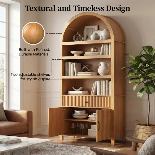 Book Shelf 70" Tall Bookcase with Drawer, 7-Tier Arched Cabinet with Storage and Fluted Door, Mid-Century Modern Modular Arch Bookshelf for Office Living Room Bedroom Library (Oak, 4)