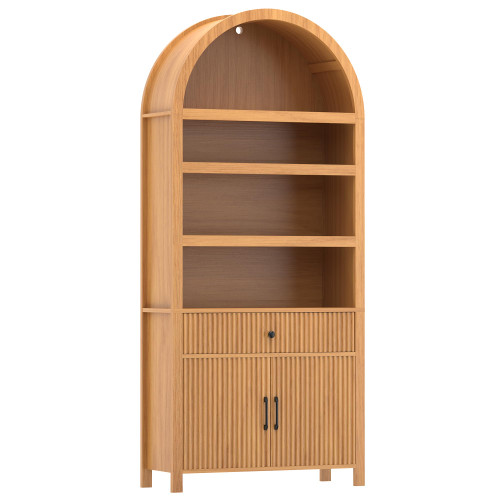 Book Shelf 70" Tall Bookcase with Drawer, 7-Tier Arched Cabinet with Storage and Fluted Door, Mid-Century Modern Modular Arch Bookshelf for Office Living Room Bedroom Library (Oak, 4)
