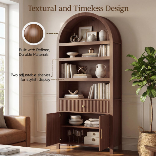 Book Shelf 70" Tall Bookcase with Drawer, 7-Tier Arched Cabinet with Storage and Fluted Door, Mid-Century Modern Modular Arch Bookshelf for Office Living Room Bedroom Library (Walnut, 4)