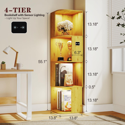 Corner Bookcase with 4 Shelves and 3-Color LED Sensor Lights - Wood