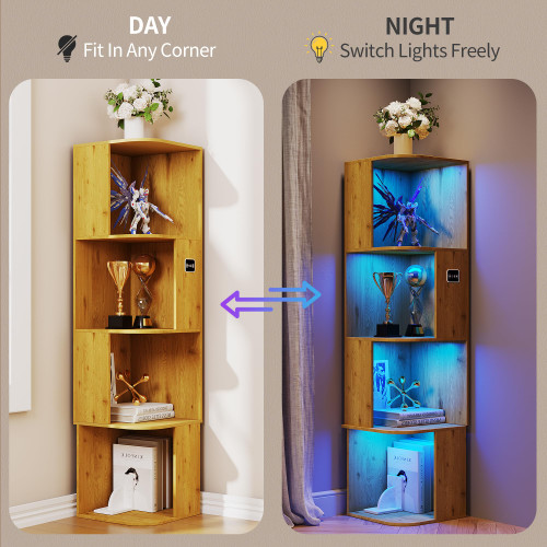 Corner Bookcase with 4 Shelves and 3-Color LED Sensor Lights - Wood