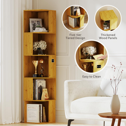 Corner Bookcase with 5 Shelves and 3-Color LED Sensor Lights - Wood
