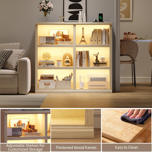 6-Cube LED Bookshelf with Motion Sensor and USB Type-C - Natural Wood
