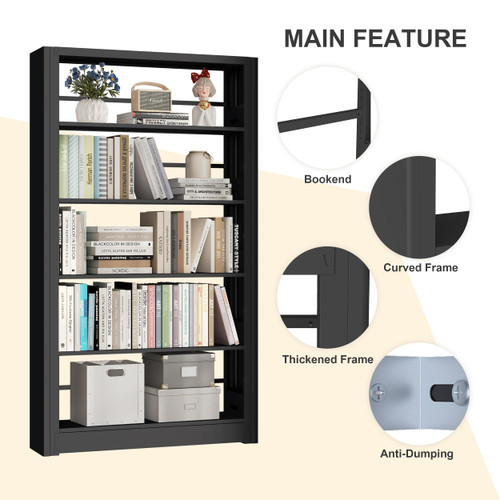 69" Tall Bookshelf, 5 Tier Black Bookcase with Adjustable Shelves, Freestanding Large Open Book Shelf Etagere Bookcase for Bedroom, Library, Living Room, Office