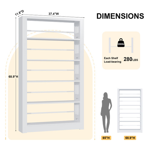 Metal White Bookshelf, 69" Tall Bookshelf with Adjustable Shelves, 5 Shelf Bookcase, Large Bookshelves and Bookcases, Book Shelf Organizer for Home Office, Library, Bedroom, Living Room