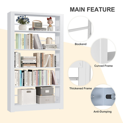 Metal White Bookshelf, 69" Tall Bookshelf with Adjustable Shelves, 5 Shelf Bookcase, Large Bookshelves and Bookcases, Book Shelf Organizer for Home Office, Library, Bedroom, Living Room