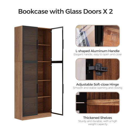 78.7" H Tall Bookcase Storage Cabinet with LED Lights and Drawers, 5 Tier Wood Storage Shelves with Glass Doors, Expandable Bookshelf Display Cabinet for Living Room, Home Office (B+A+B)