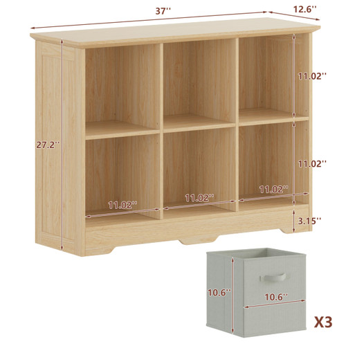 6 Cube Storage Organizer with 3 Fabric Drawers and Removable Shelves — Modular Cube Bookshelf for Bedroom, Living Room, or Home Office, Short Cube Bookcase for Toys, Decor,Natural Wood