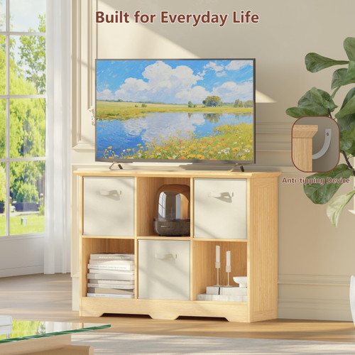 6 Cube Storage Organizer with 3 Fabric Drawers and Removable Shelves — Modular Cube Bookshelf for Bedroom, Living Room, or Home Office, Short Cube Bookcase for Toys, Decor,Natural Wood