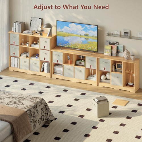 12 Cube Storage Organizer with 6 Fabric Drawers and Removable Shelves — Modular Cube Bookshelf for Bedroom, Living Room, or Home Office, Short Cube Bookcase for Toys, Decor,Natural Wood