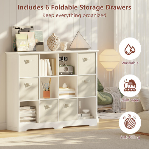 12 Cube Storage Organizer with 6 Fabric Drawers and Removable Shelves — Modular Cube Bookshelf for Bedroom, Living Room, or Home Office, Short Cube Bookcase for Toys, Decor,White