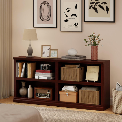 64" W Double Wide Open Shelf Bookcase, 2 Tiers 4 Storage Cube Book Case