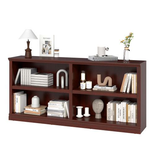 64" W Double Wide Open Shelf Bookcase, 2 Tiers 4 Storage Cube Book Case