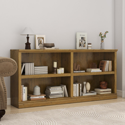 64" W Double Wide Open Shelf Bookcase, 2 Tiers 4 Storage Cube Book Case