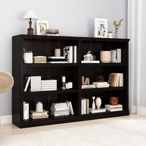 64" W Double Wide Open Shelf Bookcase, 3 Tiers 6 Storage Cube Book Shelf