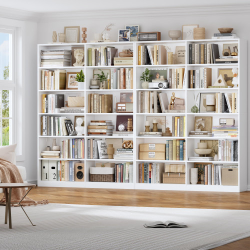 Bookshelf Tall Bookcase, 6-Tier Double Wide Bookshelves, White