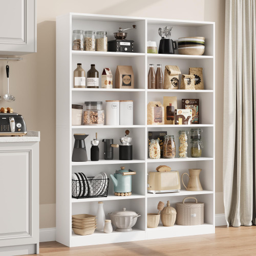 Bookshelf Tall Bookcase, 6-Tier Double Wide Bookshelves, White