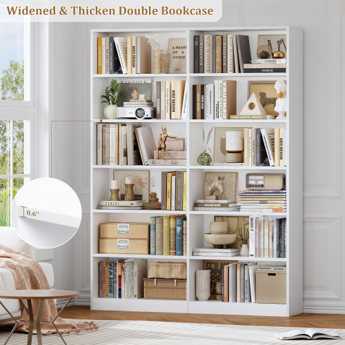 Bookshelf Tall Bookcase, 6-Tier Double Wide Bookshelves, White