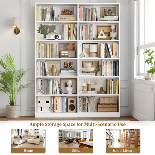 Bookshelf Tall Bookcase, 6-Tier Double Wide Bookshelves, White