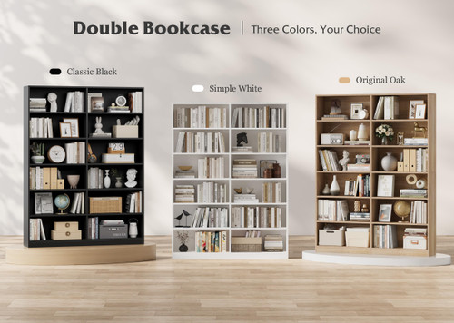 Bookshelf Tall Bookcase, 6-Tier Double Wide Bookshelves, White