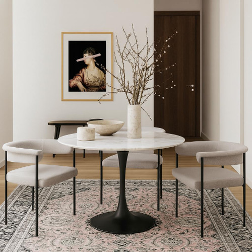 973-T Holly Collection Modern | Contemporary Round Dining Table with Faux Marble Table Top and Rich Matte Black Base, 36" W x 36" D x 29.5" H