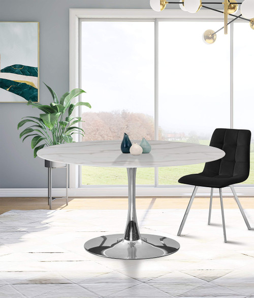 976-T Holly Collection Modern | Contemporary Round Dining Table with Faux Marble Table Top and Rich Chrome Base, 48" W x 48" D x 29.5" H