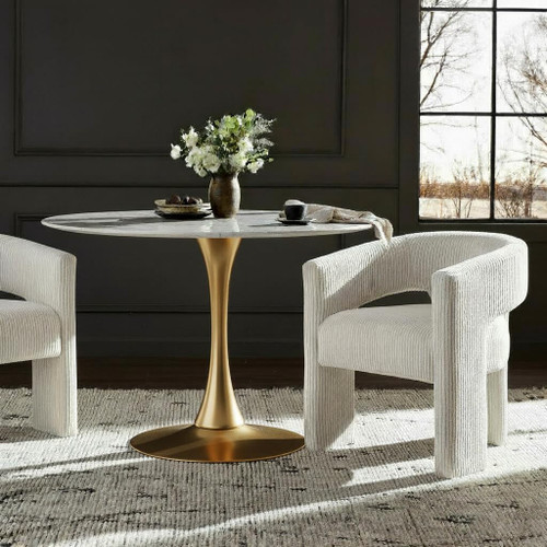 975-T Holly Collection Modern | Contemporary Round Dining Table with Faux Marble Table Top and Rich Gold Base, 48" W x 48" D x 29.5" H