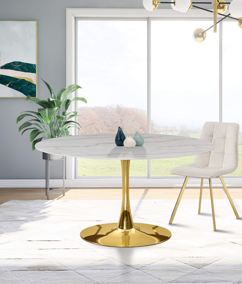 975-T Holly Collection Modern | Contemporary Round Dining Table with Faux Marble Table Top and Rich Gold Base, 48" W x 48" D x 29.5" H