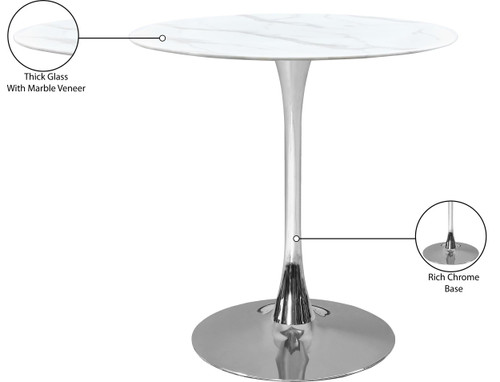 927-T Holly Collection Modern | Contemporary Counter Height Table,10MM Thick Glass with Marble Veneer, 36" Round Faux Marble, Rich Chrome Base, 36" W x 36" D x 36" H, Chrome
