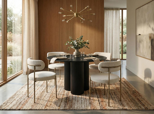 Mid-Century Modern Dining Table with Black Oak Veneer 48" Top, Solid Wood Fluted Base, 48" W x 48" D x 30" H, Black