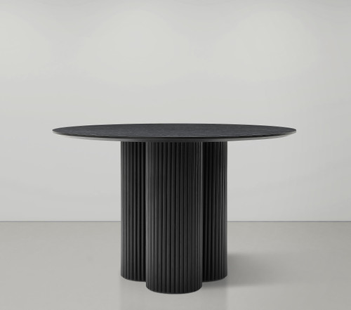 Mid-Century Modern Dining Table with Black Oak Veneer 48" Top, Solid Wood Fluted Base, 48" W x 48" D x 30" H, Black