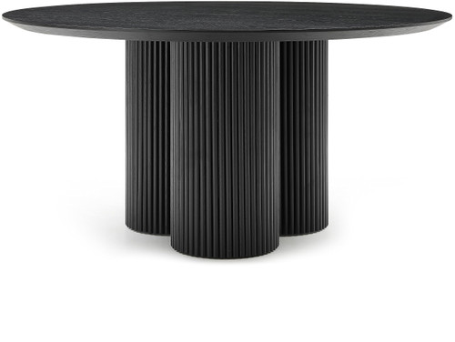 Mid-Century Modern Dining Table with Black Oak Veneer 60" Top, Solid Wood Fluted Base, 60" W x 60" D x 30" H, Black