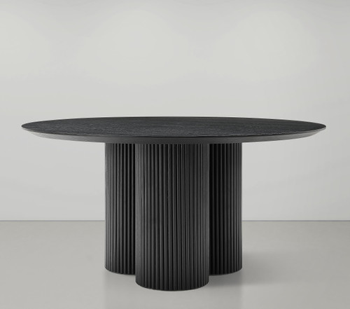 Mid-Century Modern Dining Table with Black Oak Veneer 60" Top, Solid Wood Fluted Base, 60" W x 60" D x 30" H, Black