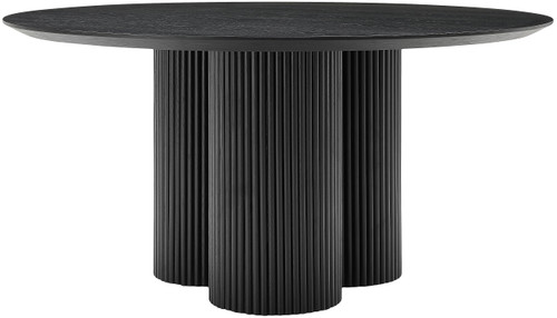 Mid-Century Modern Dining Table with Black Oak Veneer 60" Top, Solid Wood Fluted Base, 60" W x 60" D x 30" H, Black