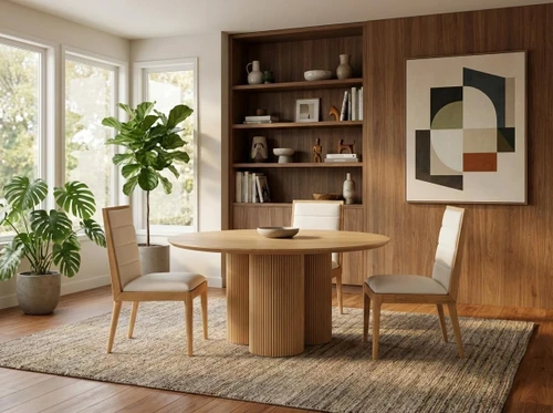 Mid-Century Modern Dining Table with Natural Oak Veneer 60" Top, Solid Wood Fluted Base, 60" W x 60" D x 30" H, Natural