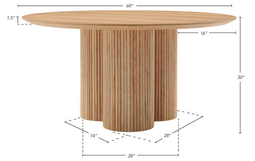Mid-Century Modern Dining Table with Natural Oak Veneer 60" Top, Solid Wood Fluted Base, 60" W x 60" D x 30" H, Natural