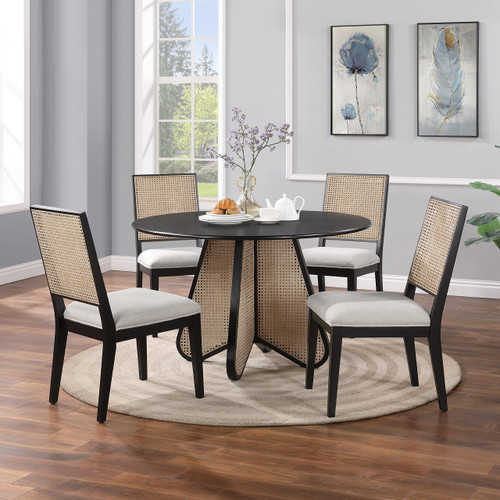 Butterfly Collection Mid-Century Modern Dining Table with Solid Wood Black Finish, Natural Cane, 48" W x 48" D x 30" H, Black