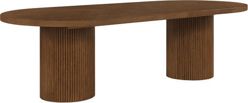 Mid-Century Modern Solid Wood Brown Oak Veneer Dining Table, Oval Design, Fluted Bases, 2 Leaves Included, 90"/106.5"/123" W x 47.5" D x 31" H, Brown