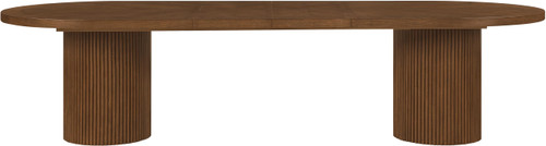 Mid-Century Modern Solid Wood Brown Oak Veneer Dining Table, Oval Design, Fluted Bases, 2 Leaves Included, 90"/106.5"/123" W x 47.5" D x 31" H, Brown