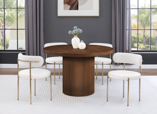 Mid-Century Modern Dining Table, Solid Wood Base, Brown Finish Oak Wood Veneer MDF Top, Round Top, Fluted Base, 48" W x 48" D x 31" H, Brown